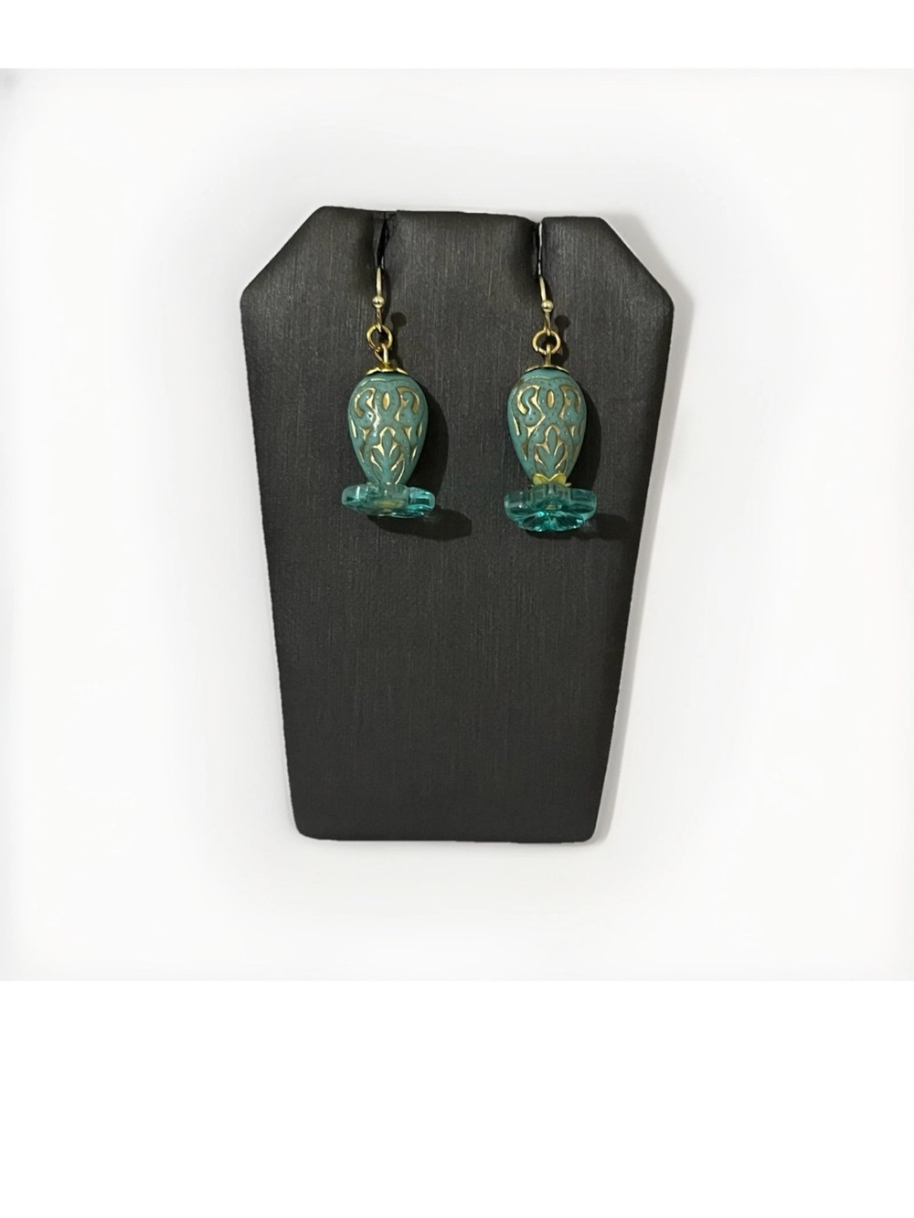 Artisan Handmade Aqua Teal Bead Boho Earrings Gold Filigree Etched Floral - Picture 1 of 3